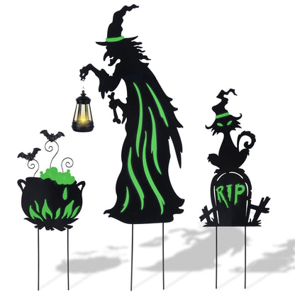 Prsildan Halloween Decorations Outdoor - 3 Pack Metal Witch Yard Stakes with Solar Lantern & Glow in The Dark Cauldron + Tombstone, Lighted Witches Silhouette Decor for Porch Garden Lawn Cemetery