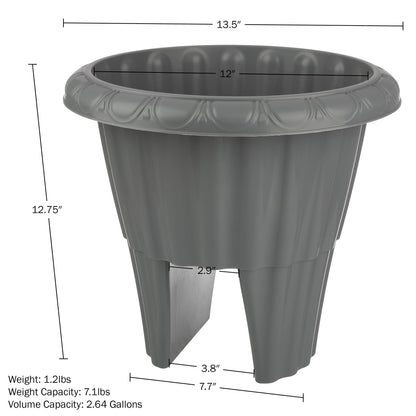 Railing Planter Box 2-Pack - 13.5-Inch Round Outdoor Flower Pots with Drainage Inserts - 2.64-Gallon Outdoor Planters for Porch, Deck, Fence, or Balcony Railings 3” - 3.75” Wide by Pure Garden (Gray)