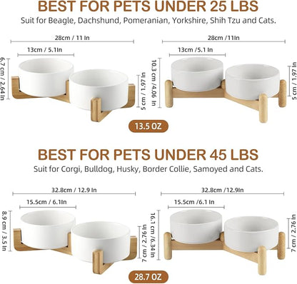 2 Pack Custom Ceramic Dog Bowl, Personalized Food & Water Dish with Photo Name, Cat and Dog Food Bowl with Wood Stand Non-Slip Matte Glaze Weighted