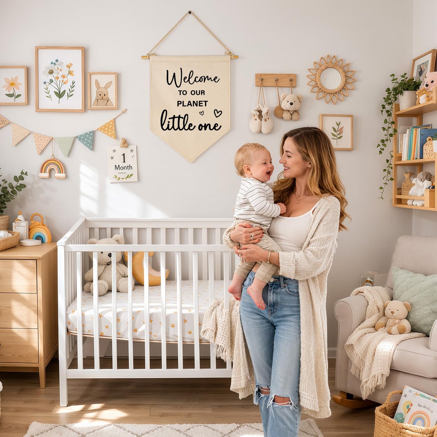Baby Arrival Gift-Welcome to Our Planet Hello World- Canvas Hanging Pennant Flag Banner Wall Sign Decor Gifts for Nursery Baby Kids Girl Boy Teen Bedroom Playroom Decor- Birthday Christmas Presents