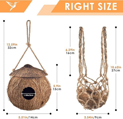 KATUMO Hummingbird Houses, Natural Coconut Bird Houses for Outside Hanging Hummingbird Swinging Nest, with Coconut Fiber Bedding for Nesting Window Garden Outdoor Home, 3Pcs