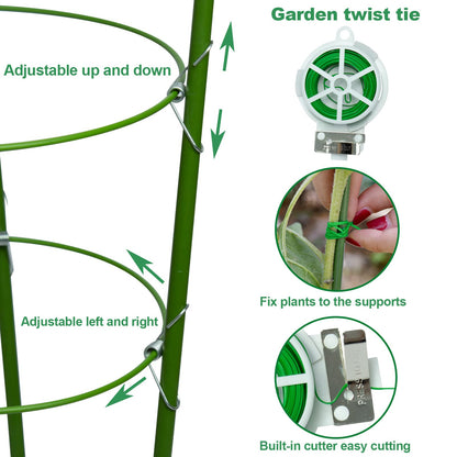 18" Small Plant Support Tomato Cages, 4 Pack Adjustable Garden Trellis for Indoor Outdoor Climbing Plants, Peony Flower Stakes with 66ft Garden Twist Ties, Green Metal Plant Cages for Pots & Garden