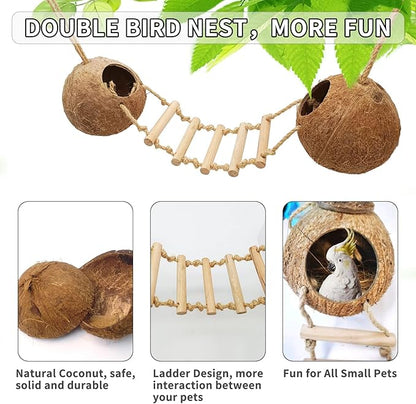 Tfwadmx Natural Coconut Hide with Ladder Perches Hanging Bird House Toy for Cage Parrot Breeding Nest for Gecko Parakeet Lovebird Finch Hamster