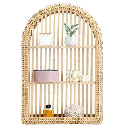 Vercraft Rattan Wall Shelf 3 Tier Boho Wall Mounted Shelf 23.62" x 15.75" Farmhouse Handcraft Bamboo Arched Floating Shelves for Living Room Home Bedroom Storage Decor