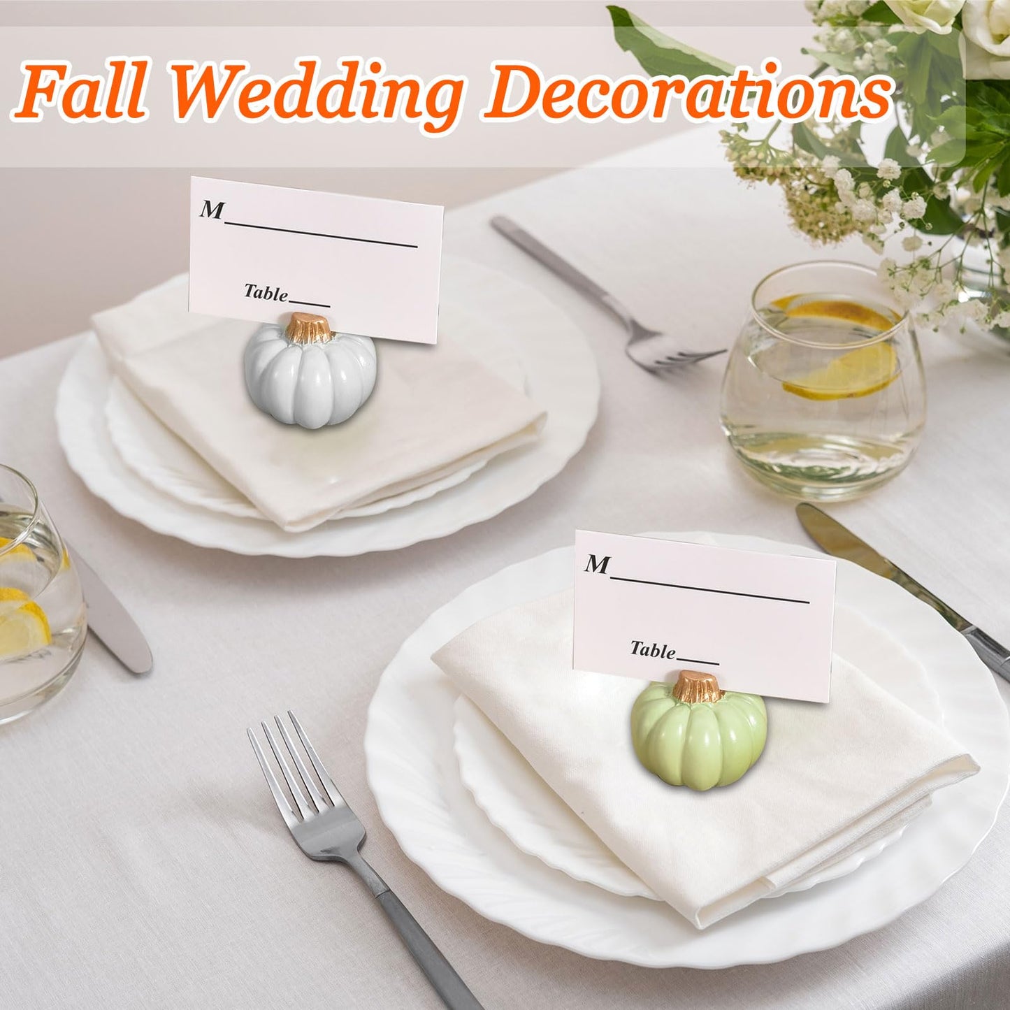 PATIKIL Pumpkin Place Card Holders, (4Set, Green) Mini Resin Pumpkin Table Number Stands with Card, Fall Table Decor Suit for Thanksgiving/Weddings/Banquet/Thanksgiving/Autumn Party Decor