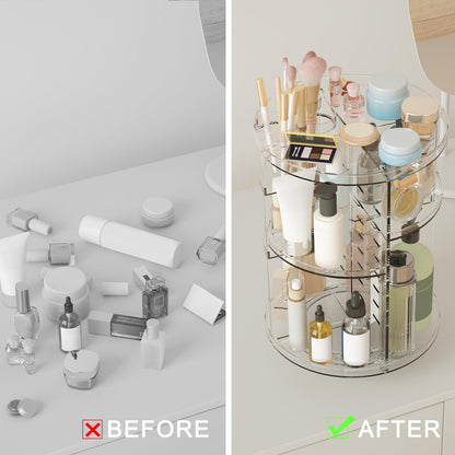 Rotating Makeup Organizer, DIY 8 Adjustable Layers Spinning Skincare Storage, Cosmetic Display Case with Brush Holder and Perfume Tray, Multi-Function Vanity Bathroom Countertop Organizer Clear