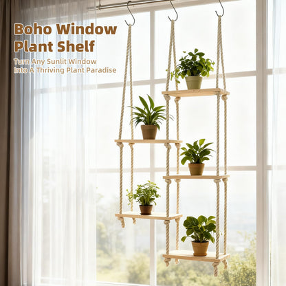 YJREW Window Plant Shelves for Indoor Plants Plant Shelf Indoor Wall Mounted Hanging Plant Stand with Wooden Shelves for Windowsill Boho Indoor Plant Shelf for Window Sill