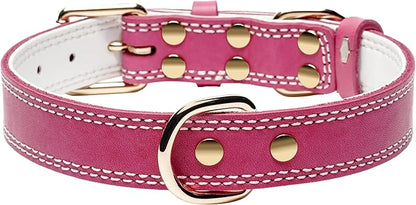 Dog Collar,Genuine Leather Heavy Duty Dog Collar for Small, Medium,Large and Extra Large Dogs (M: 1" Wide for 15.2"-19.2" Neck,Dual Stitch - Pink)
