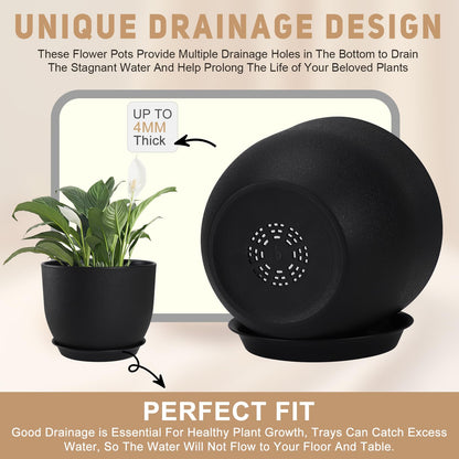 YNNICO Plant Pots 10/9/8/7.5/7 inch Set of 5,Flower Pots with Multi Mesh Drainage Holes, Large Planters for Indoor Outdoor Garden Plants and Flowers. (Black)