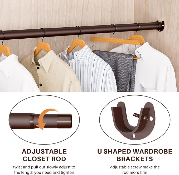 SUTINE Closet Rod - Closet Rods for Hanging Clothes, 17 to 53 inch Adjustable Closet Hanging Rod, Heavy Duty Clothes Rod Clothing Bar, Closet Poles for Hanging Clothes for Wardrobes, Shower Curtain