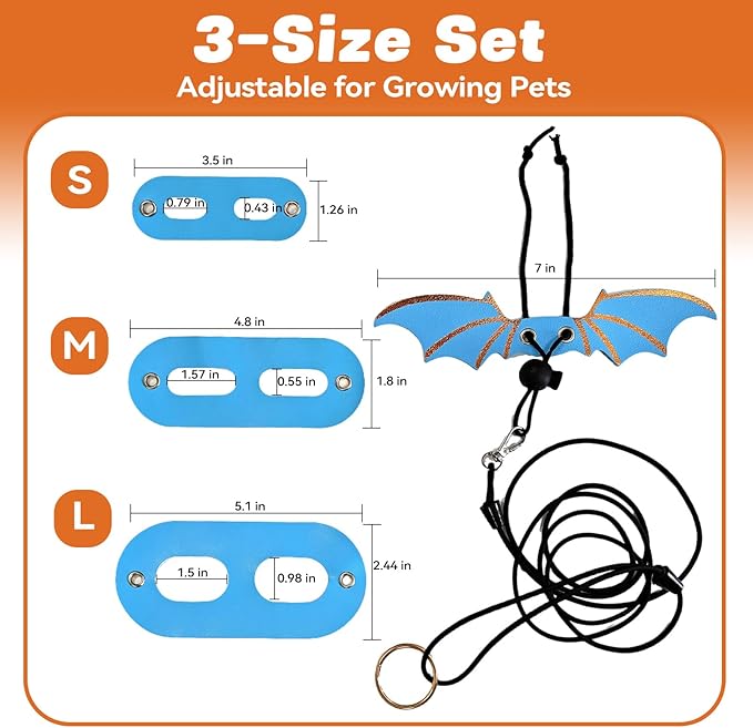 Dinosaur Wing Leash Harness for Bearded Dragons - 3-Size Adjustable Reptile Harness Set, Safe Escape-Proof Design for Lizards, Geckos, Iguanas & Small Pets (Black)