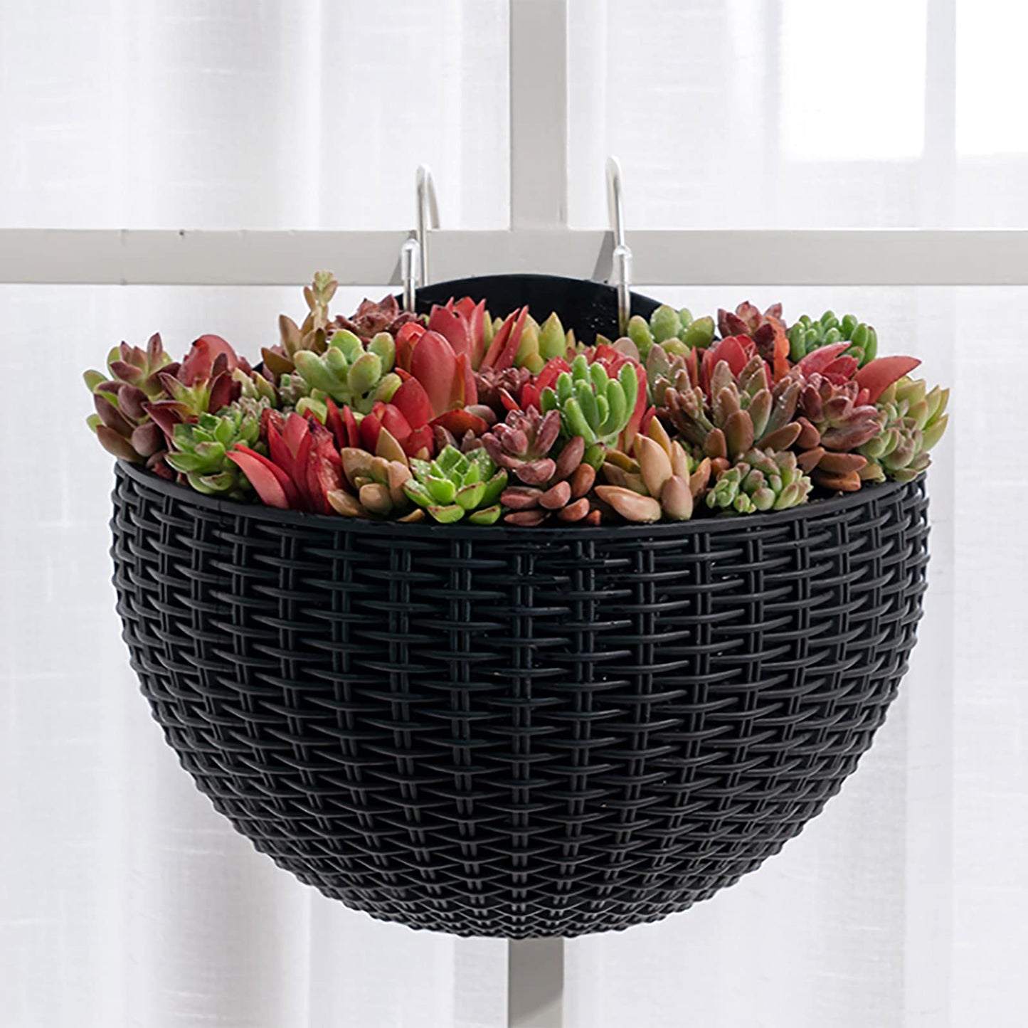 Hanging Planter Pot, Wall and Railing Hanging Planters with S Hooks, Half Round Imitation Rattan European Style Wall Flowerpot Rustic Decorative Flower Basket for Home(#2pcs 21 * 16.5cm Dark Green)