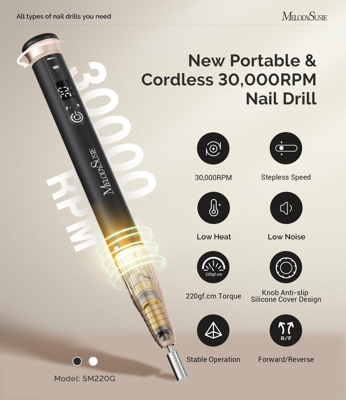 MelodySusie Professional Cordless Nail Drill SM220G Black, 30,000RPM Portable Electric Nail File, Low Noise & Low Vibration Coreless Motor, with 6 Bits & Sanding Bands Kit for Nail Salon & Home