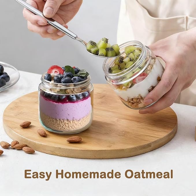 4 Pack 8 Oz Small Clear Glass Mason Jars, Wide Mouth Overnight Oats Jars, Containers with Airtight Lids for Chia Pudding Jam Snack Yogurt Overnight Oats Candy