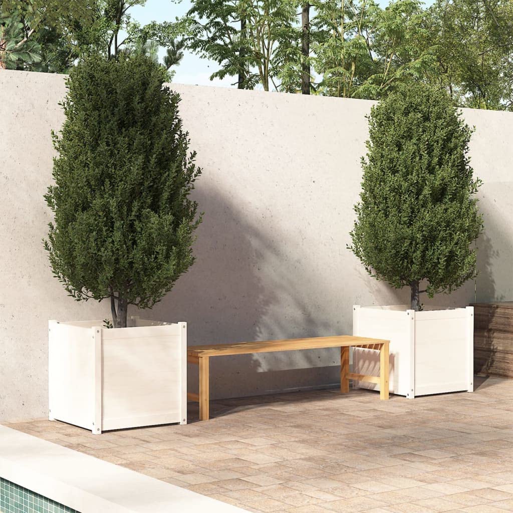 Owoxanthellate White Garden Planter Set of 2, 23.6" Large Square Pine Wood Plant Pots with Drainage, Outdoor Flower Boxes for Patio Balcony Garden