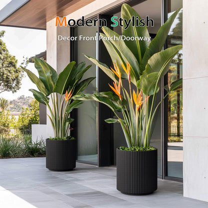 Heyzier Round Planter Outdoor Indoor, Large Plant Pots for Porch, Patio, Backyard, Modern Decor for Tall Plants, Flowers (Vertical Black, 16 inch - 2 Pack)