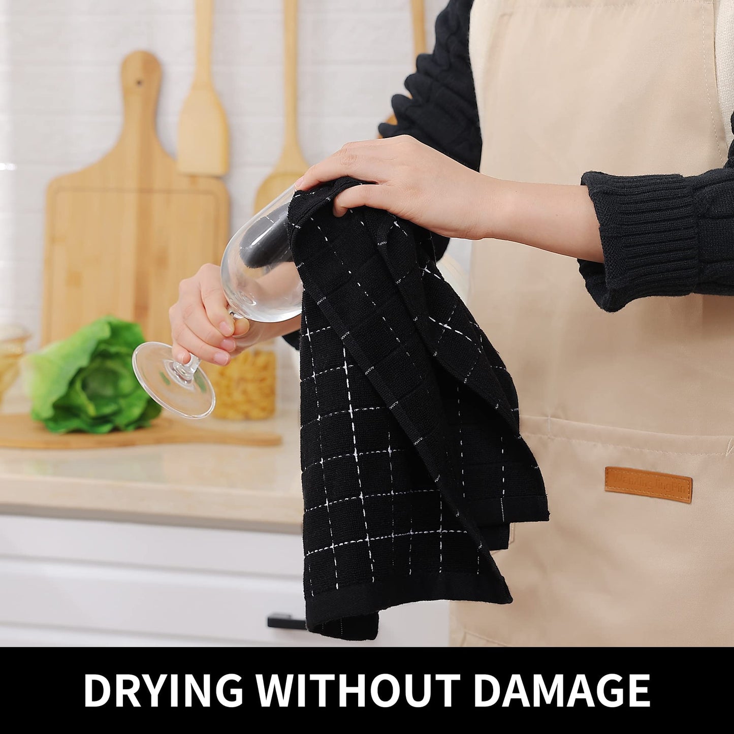 Homaxy 100% Cotton Terry Kitchen Towels(Black, 13 x 28 inches), Checkered Designed, Soft and Super Absorbent Dish Towels, 5 Pack