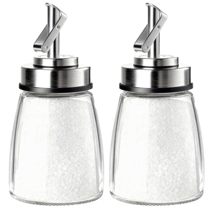TIWPAJS 2-Pack Glass Sugar Dispenser with Stainless Steel Lid, Automatic Pour Spout, Sugar Container for Coffee Bar, Sugar Jar, Sugar Bowl, Salt Shaker, 6OZ