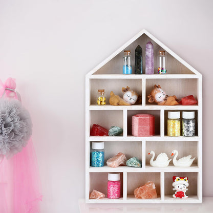 Threehoney House Shaped Wooden Shadow Cubby Box 10 W x 2 1/4 D x 15 H Hanging Display Shelf Organizer Wall Mounted Curio Cabinet Wooden Display Case Miniature Shelf for Figures(Wood Color)