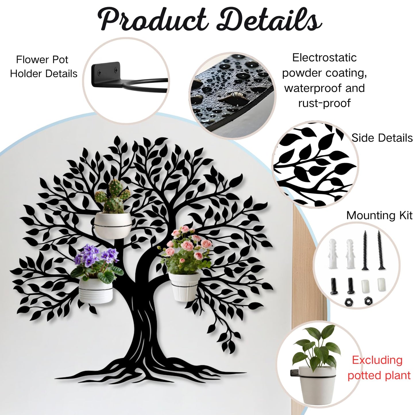 Tree of Life Metal Wall Mounted Plant Holder, Tree Wall Plant Holders Indoor Stand, Metal Hanging Plants Shelf for Living Room, Entryway (Black, 31"x 29"| 80x75cm, 3 Pack 6" Flower Pot Holder Ring)