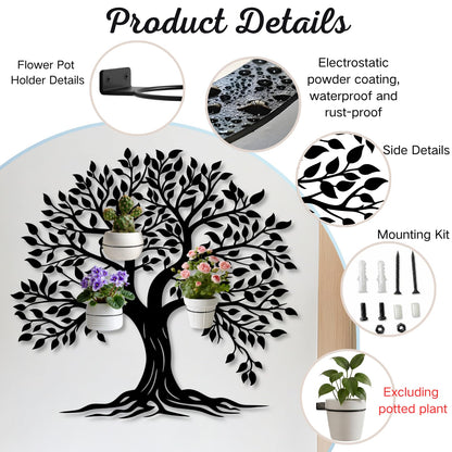 Tree of Life Metal Wall Mounted Plant Holder, Tree Wall Plant Holders Indoor Stand, Metal Hanging Plants Shelf for Living Room, Entryway (Black, 31"x 29"| 80x75cm, 3 Pack 6" Flower Pot Holder Ring)