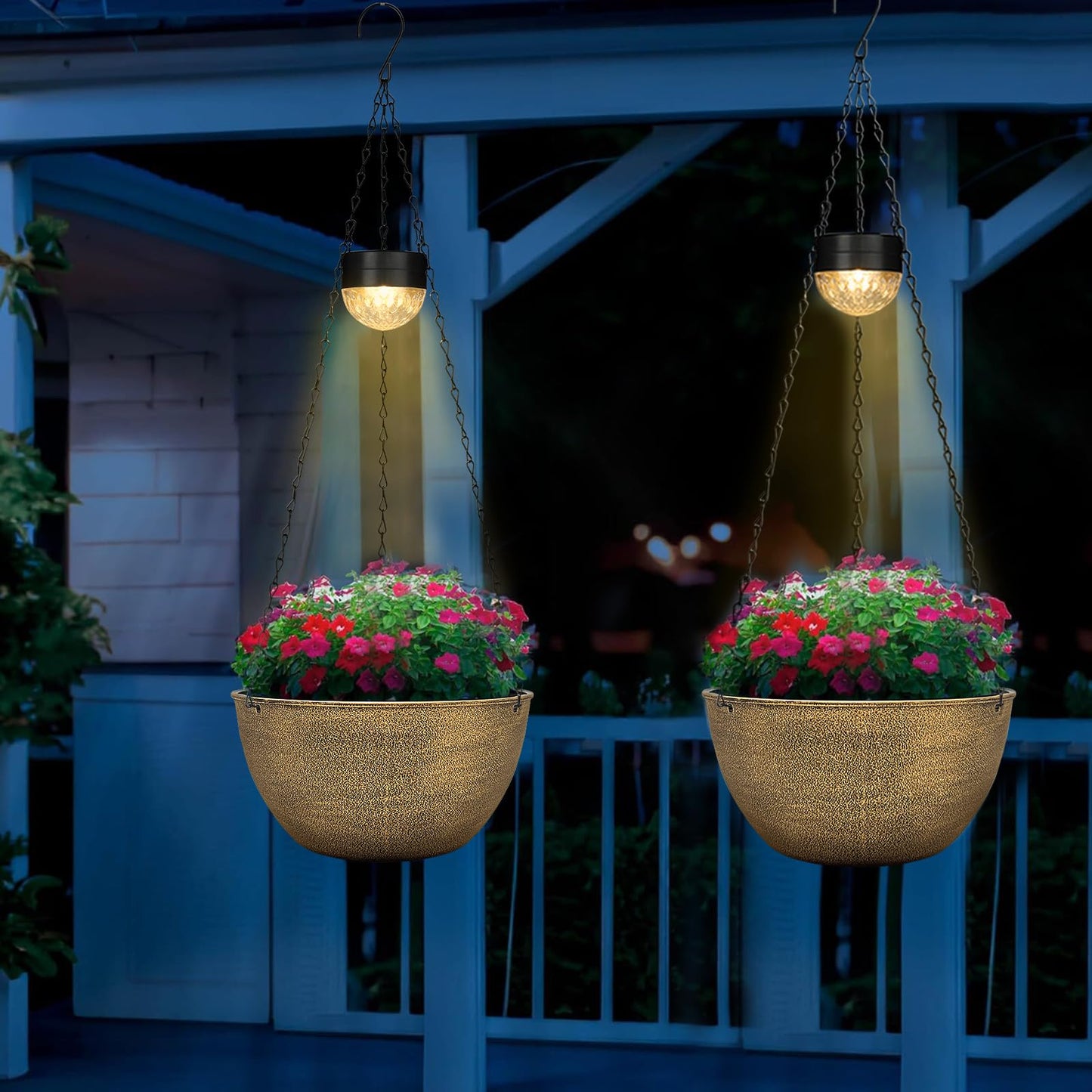 2 Packs Hanging Planters Basket for Outdoor Plants, Solar Powered Self Watering Copper Round Plastic Flower Pots with Drainer for Balcony Patio Garden Outdoor Decoration