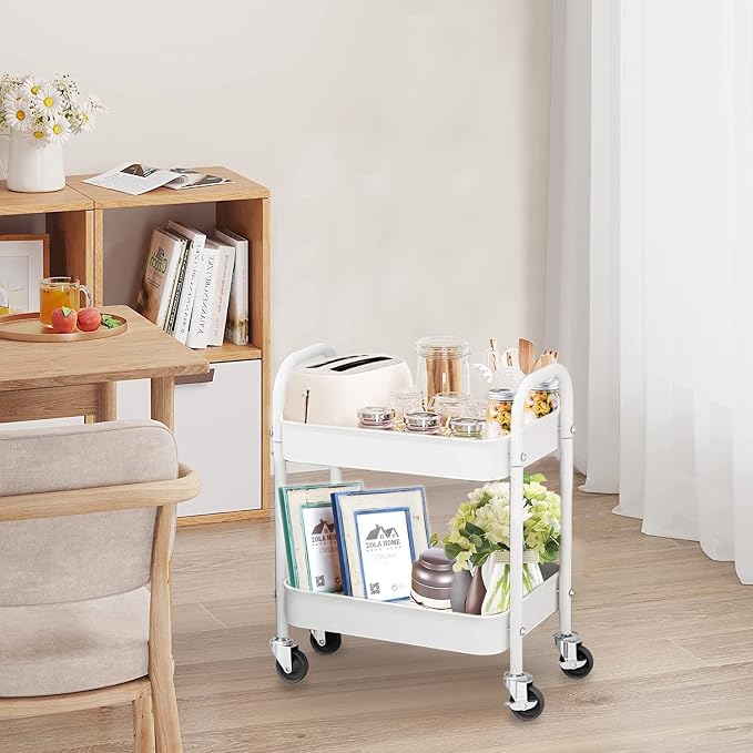 2 Tier All-Metal Rolling Cart, Rolling Storage Cart with Handle and Locking Wheels Kitchen Cart Laundry Office Bathroom Storage Organizer Cart, White