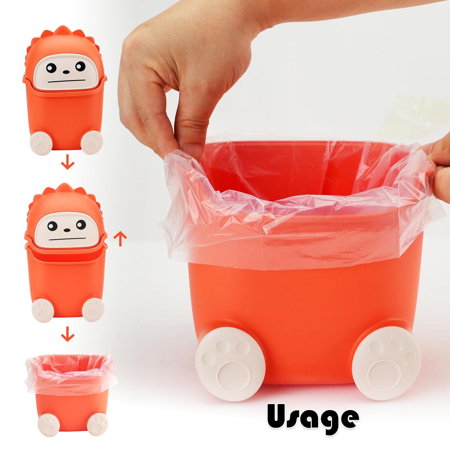 UOIXPUHUO Mini Trash Can with Flip Lid, Cute Monster Desk Trash Garbage Can with 100 Trash Bags, Tiny Wastebasket Trash Can for Car, Home, Office, Kitchen, Tabletop, Bedroom, Bathroom (Orange)