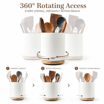 KSENDALO Large 360° Rotating Utensil Holder, Cream Milk White 7.76" Kitchen Crock for Cooking Utensils, Durable Countertop Storage for Home Kitchen