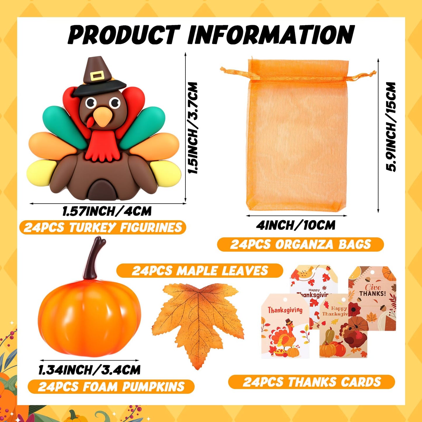 Halloscume 120 Pcs Thanksgiving Party Favor Decorations Fall Gifts, Include Mini Turkey Figurines Foam Pumpkin Maple Leaves Thanksgiving Cards with Orange Organza Bag for Harvest Home Table Decor