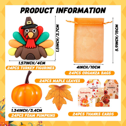 Halloscume 120 Pcs Thanksgiving Party Favor Decorations Fall Gifts, Include Mini Turkey Figurines Foam Pumpkin Maple Leaves Thanksgiving Cards with Orange Organza Bag for Harvest Home Table Decor
