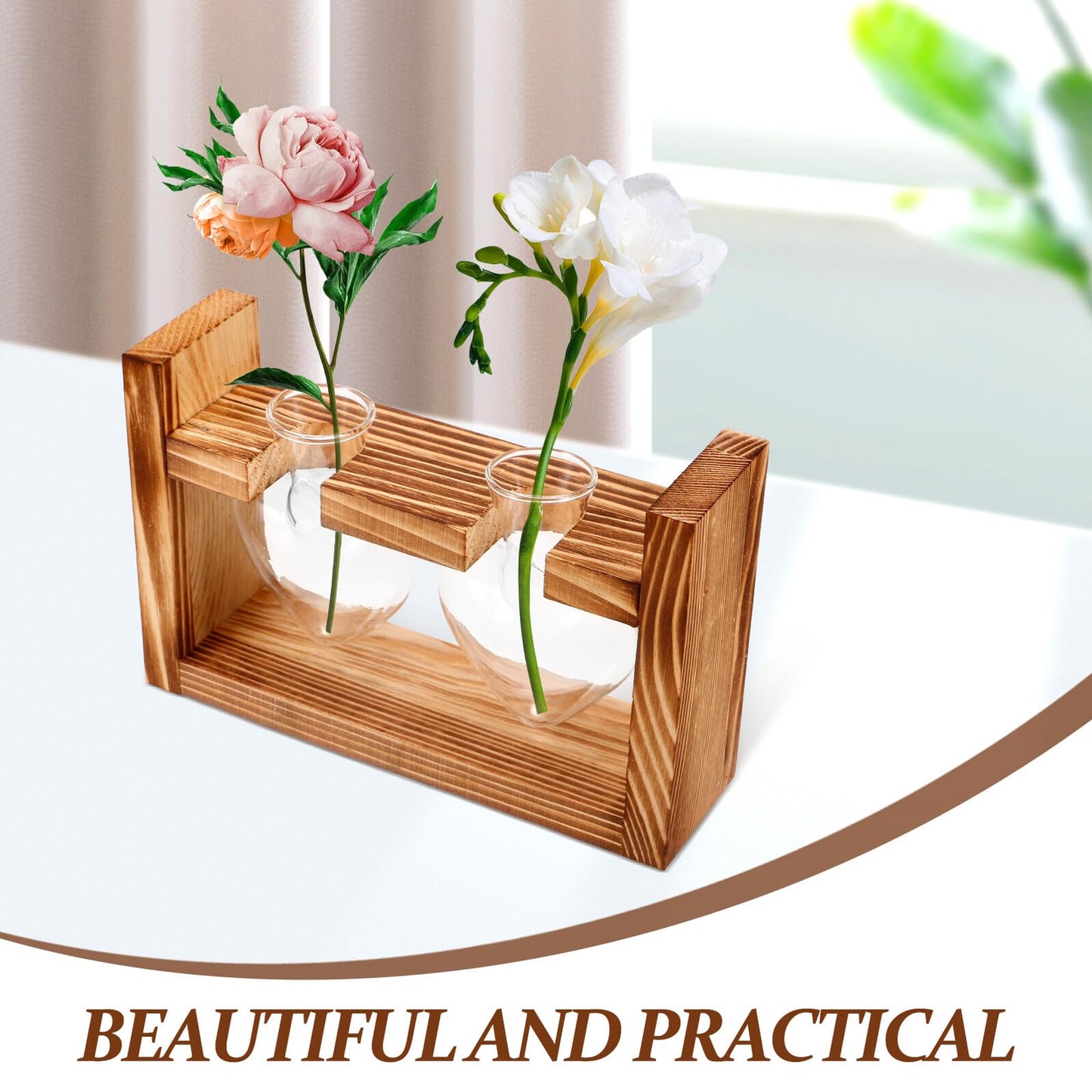 Housoutil Heart-Shaped Glass Planter Vase with Wooden Stand for Hydroponic Plants, Tabletop Terrarium Decor for Indoor Garden and Home Ornament, 2pcs Set