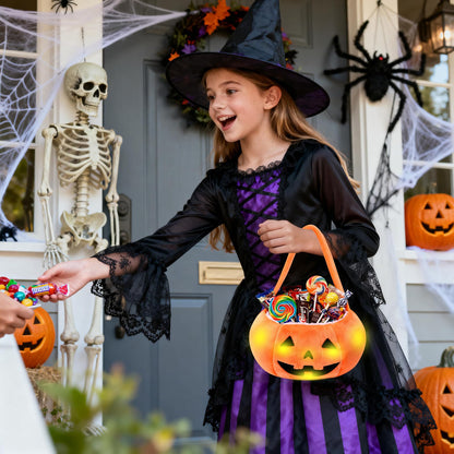 PinkSheep Halloween Trick or Treat Bucket: Light up Candy Bags for Trick or Treating Party (Pumpkin Orange)