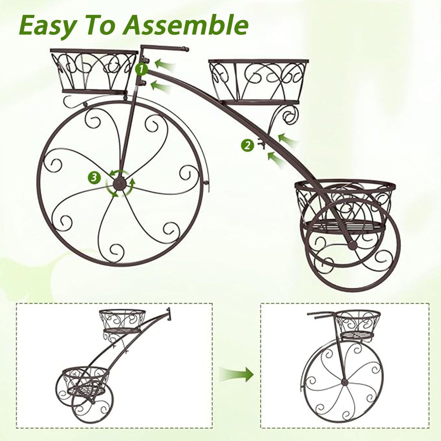 Planter Potted Holder Tricycle Plant Stand, Parisian Style Flower Display Stand Cart,3-Tier Metal Plant Stand Bicycle Flower Pot Cart with Hollowed Baskets for Patio,Garden,Deck,Lawn(Black)