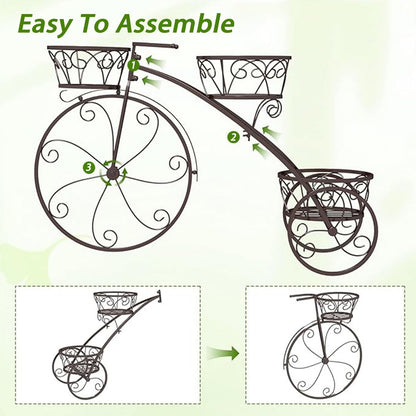 Planter Potted Holder Tricycle Plant Stand, Parisian Style Flower Display Stand Cart,3-Tier Metal Plant Stand Bicycle Flower Pot Cart with Hollowed Baskets for Patio,Garden,Deck,Lawn(Black)