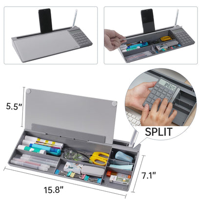 Small Glass Desktop Whiteboard Dry-Erase-Board - Computer Keyboard Stand with Calculator White Board Surface Pad with Drawer, Desk Organizers with Accessories for Office, Home, School Supplies - Grey