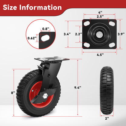 Nefish 8 Inch Heavy Duty Outdoor Casters 2200 LBS, Durable Large Casters Wheels Set of 4, Industrial Grade Rubber Castors with Knobby Tread for Trolley, Industrial and Chicken Coop (2 Brake & 2 Rigid)