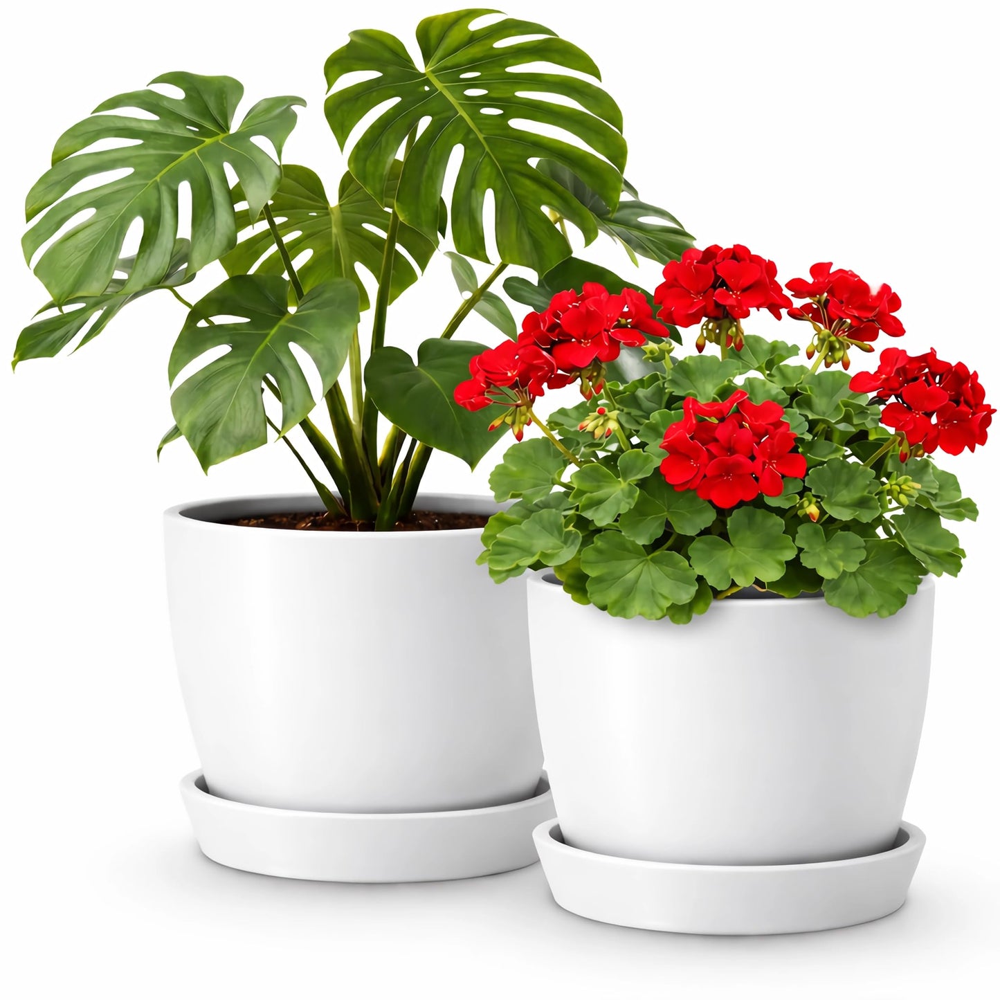 Kin 'n' Kind Set of 2 Minimalist Plant Pots (6.5" & 5.5") – Modern Indoor Planters with Drainage & Saucers & Plugs – Durable Eco-Conscious Composite, Indoor/Outdoor - Ventura Mist White