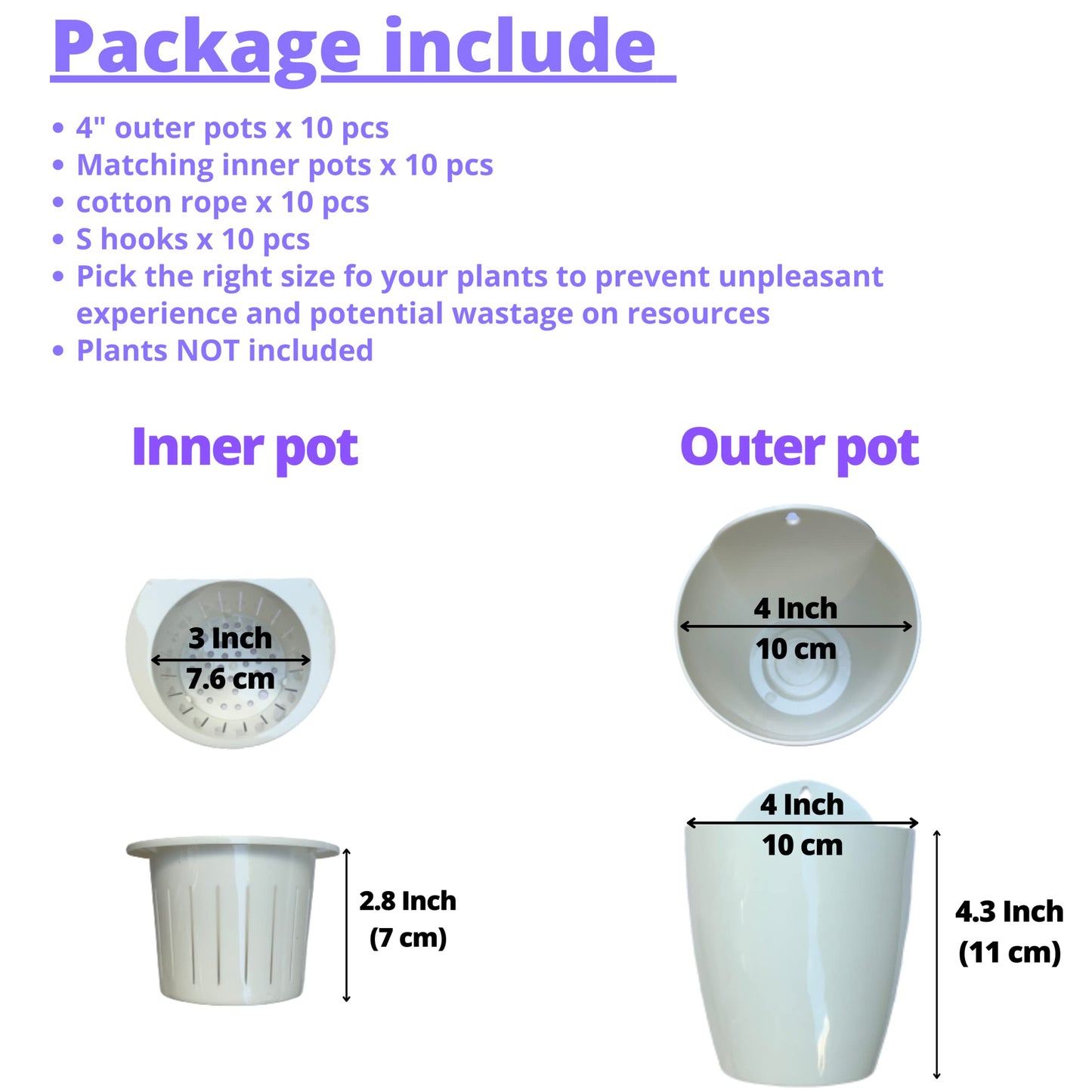 ShopLaLa Bundle- 4" White Self Watering Plastic Pots x 10 Pack + White Wooden Hanging Planters x 2 Pack Vertical Wall Mounted Pot Holder Indoor Plants Modern Hydroponic Herb Succolent Garden LaLaGreen