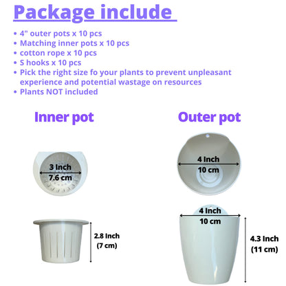 ShopLaLa Bundle- 4" x 10 Pack White Self Watering Plastic Pots + White Wooden Hanging Planters, Vertical Wall Mounted Herb Flower Garden Hydroponic Modern Pot Living Plant Sytem LaLaGreen