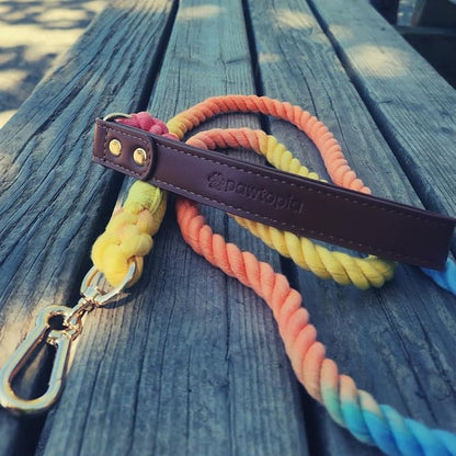 Pawtopia 5FT Dog Leash & Collar Set - Large Dogs, Cotton Braided Rope with Vegan Leather Handle (Brown) with Two Complimentary Rolls of Dog Poop Bags (30 Bags), Durable Clasp (Vivid Rainbow, Large)