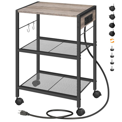 HOOBRO Industrial Printer Stand, 3-Tier Mobile Printer Table, Rolling Cart with Power Outlets and USB Ports, Home Printer Stand with 2 Hooks, for Office, Living Room, Greige and Black BG22UPS01