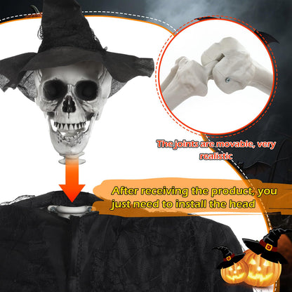 HunnmingRe 1 Set 5.4 ft Halloween Skeleton Decorations Outdoor Posable Life Size Skeleton with Costume Clothing Set and Movable Joints for Halloween Party Yard Haunted House Prop Decor (Witch)