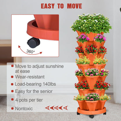 SunFunUSA 7 Tier Vertical Strawberry Planter-Tower Stackable Herb Planter Stacking Garden Planters Pot Outdoor with Tools Mover for Growing Flowers, Vegetables and Succulents, Red