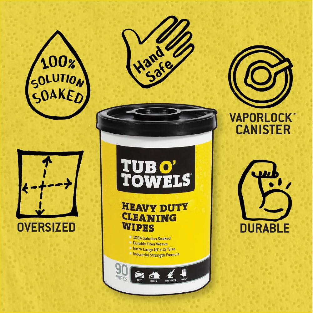Tub O' Towels Heavy-Duty Multi-Surface Cleaning Wipes – Extra-Large 10" x 12", 90-Count Canister – Removes Grease, Tar, Ink & Tough Stains – Safe for Home, Auto, Garage & More