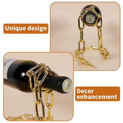 TBWHL Novelty Magic Wine Bottle Holder Floating Steel Link Chain Wine Bottle Rack/Holder - Holds Bottles in The Air, Unique Levitating Wine Bottle Stand for Home Bar, Kitchen, or Party Deco（Gold）