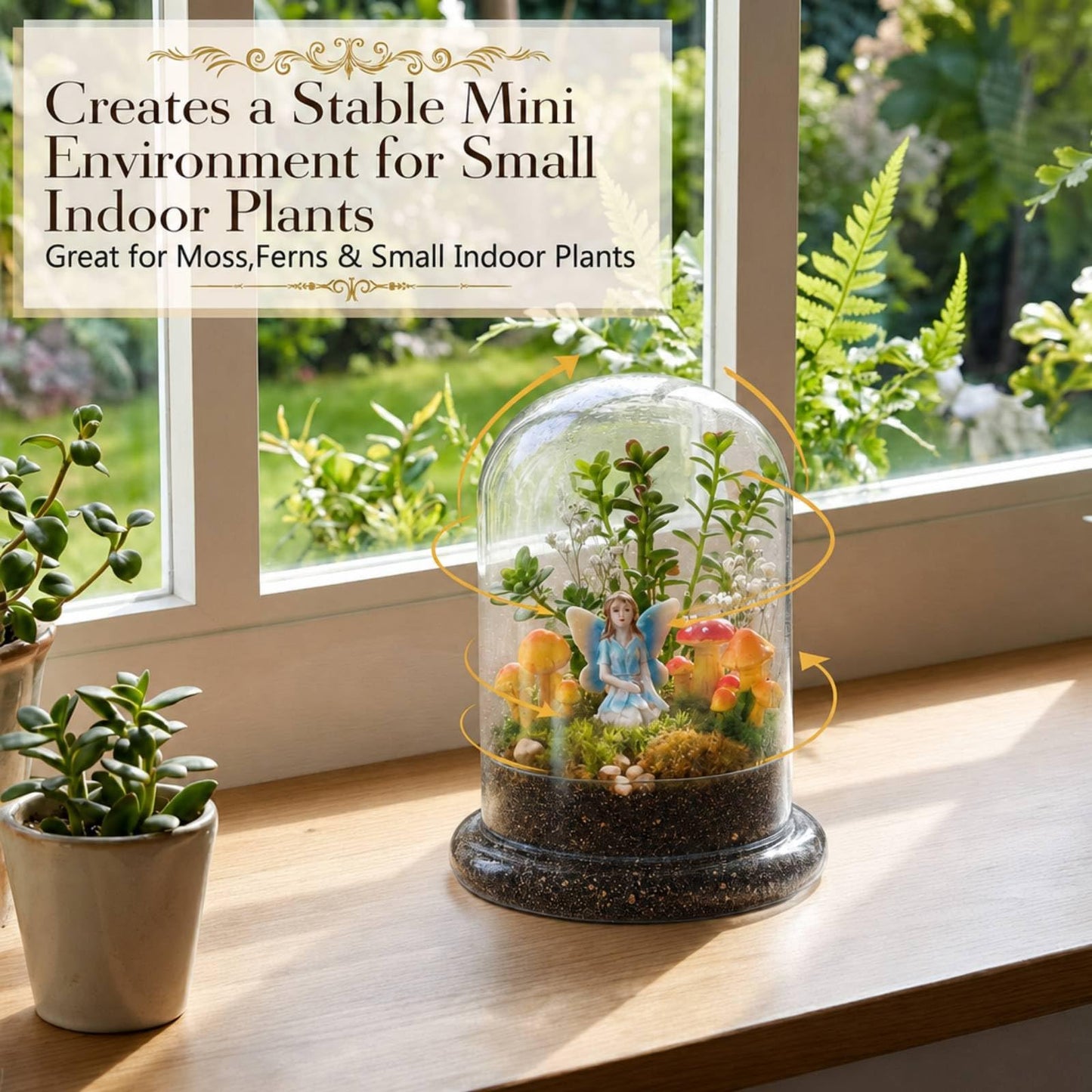 Hushee 5 Pcs 6.3'' x 4.7'' Glass Plant Dome with Mushroom & Fairy Figurines Decorative Humidity Glass Cloche with Base for Indoor Plants Succulents, Miniature Garden Decor for Tabletop - No Plants