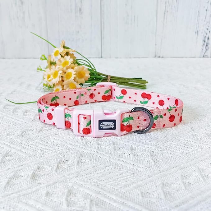 Dog Collar Leash Set, Fruit Pattern, Polyester Material, Adjustable Collar and 5ft Matching Leash, for Small Dogs.(S, Pink Cherry)