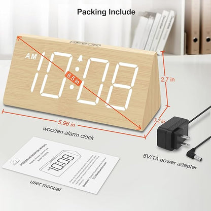 DreamSky Wooden Digital Alarm Clock for Bedrooms with Large Numbers | Electric Desk Clock, USB Port, Loud Alarm for Heavy Sleepers, Adjustable Volume, Dimmer, DST, Wood Décor Gifts, Plug in Clock