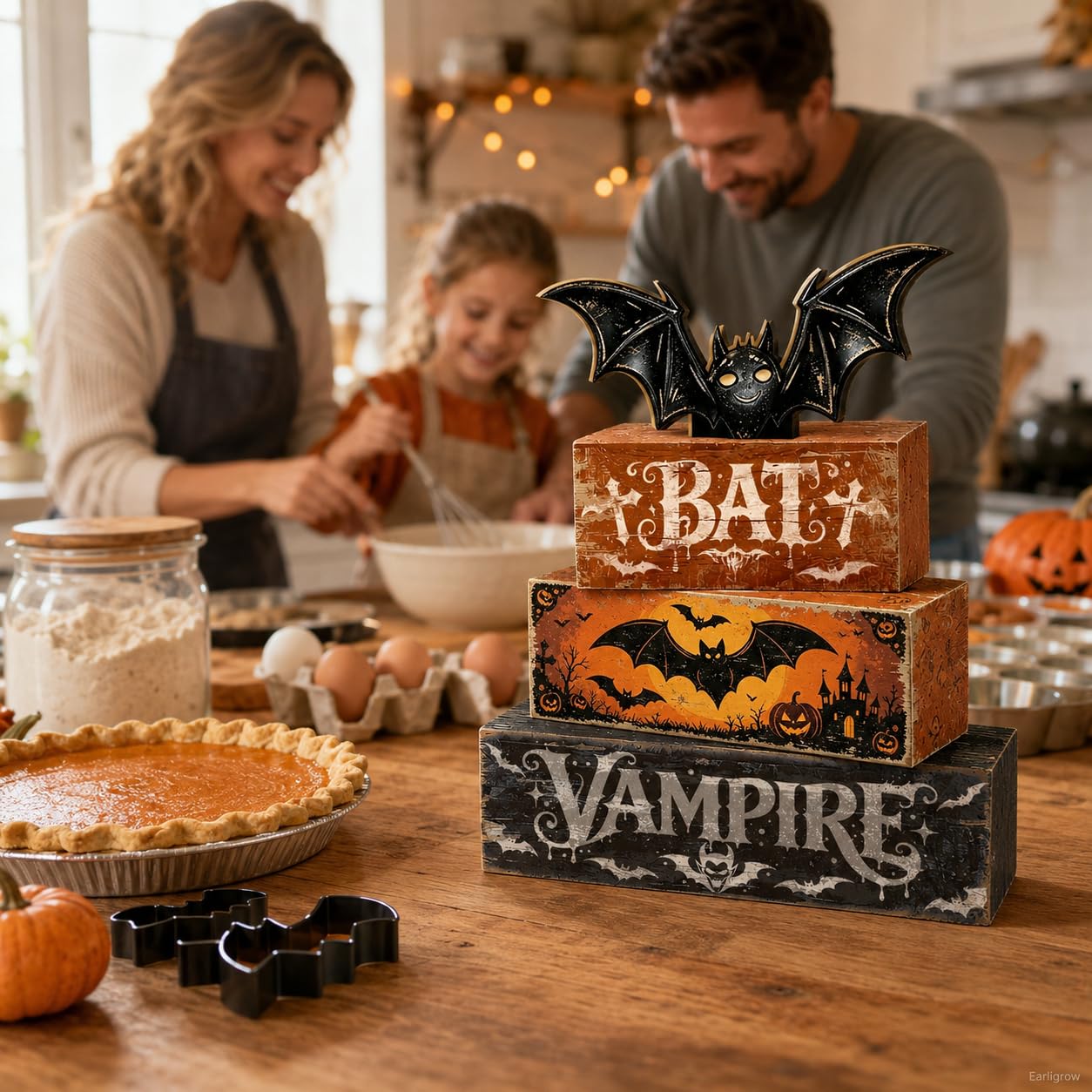 4 Pcs Halloween Table Decorations Bat Tiered Tray Decor Farmhouse Rustic Wooden Block Signs with Vampire & Jack-o'-Lantern Halloween Tabletop Centerpiece for Home Kitchen Shelf Mantel Office Desk